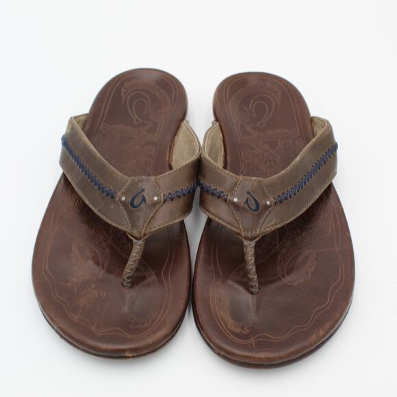 Olukai Mea Ola Leather Flip Flops Mens 12 Brown Comfort Sandals Casual Beach - Picture 3 of 7